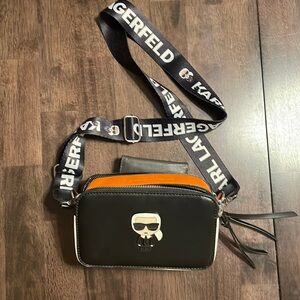 Karl Lagerfeld, Crossbody, purse, orange, white, and black clutch